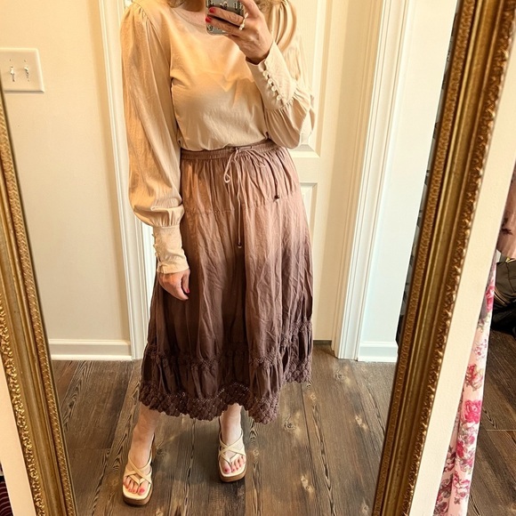 Vintage Brown ombre BoHo tiered skirt size small pure cotton half lined - Picture 1 of 12